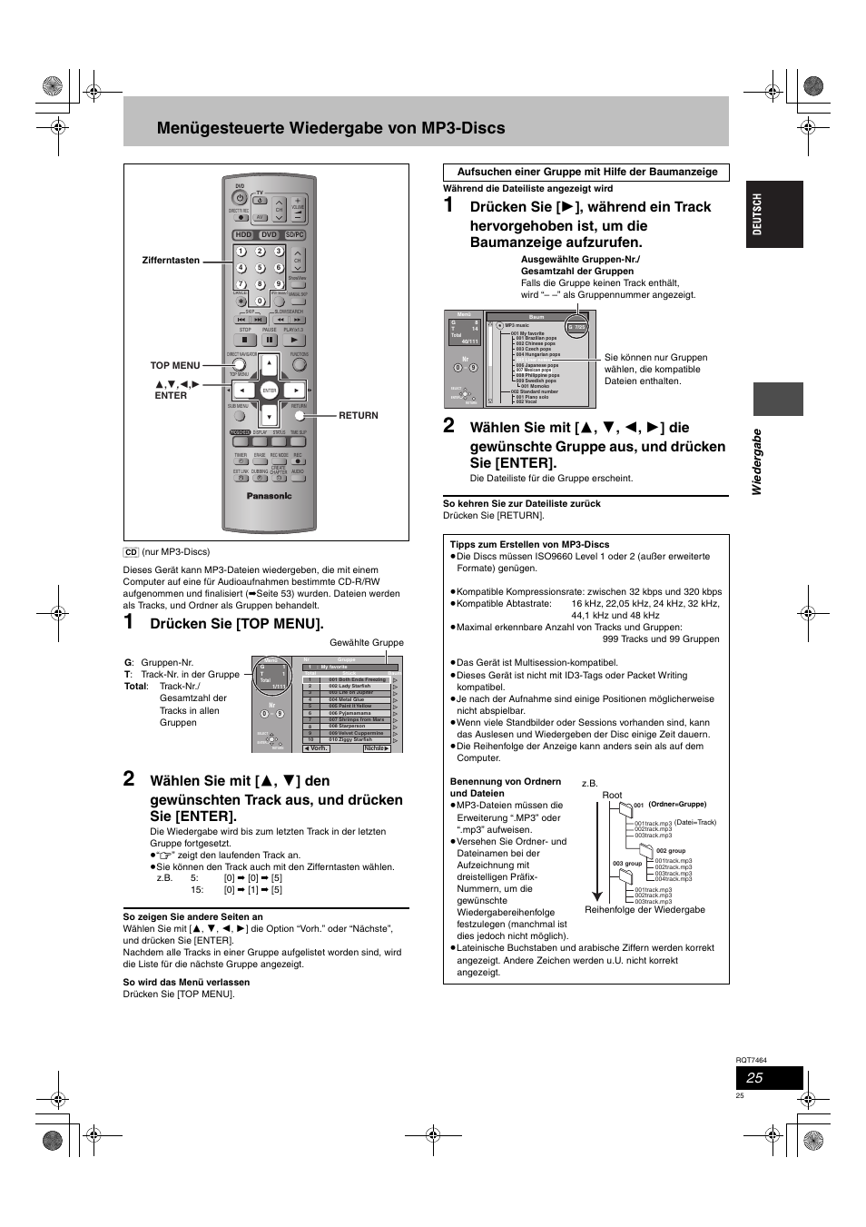 Menügesteuerte wiedergabe von mp3-discs, Drücken sie [top menu, Wie d e rga be | Panasonic DMRE95H User Manual | Page 25 / 124