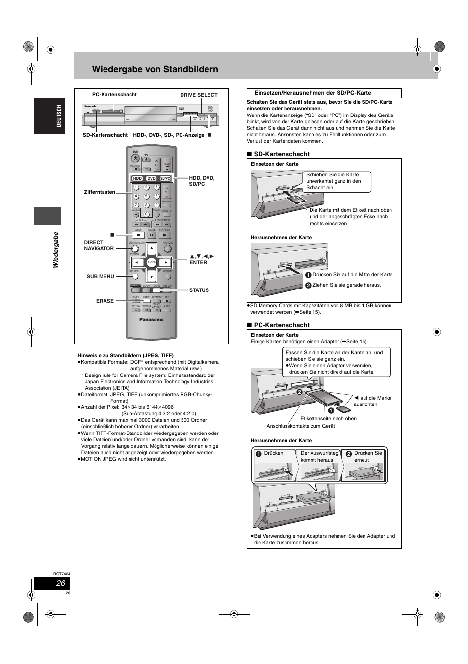 Wiedergabe von standbildern, Open/close, Wie d e rga be | Sd-kartenschacht, Pc-kartenschacht | Panasonic DMRE95H User Manual | Page 26 / 124