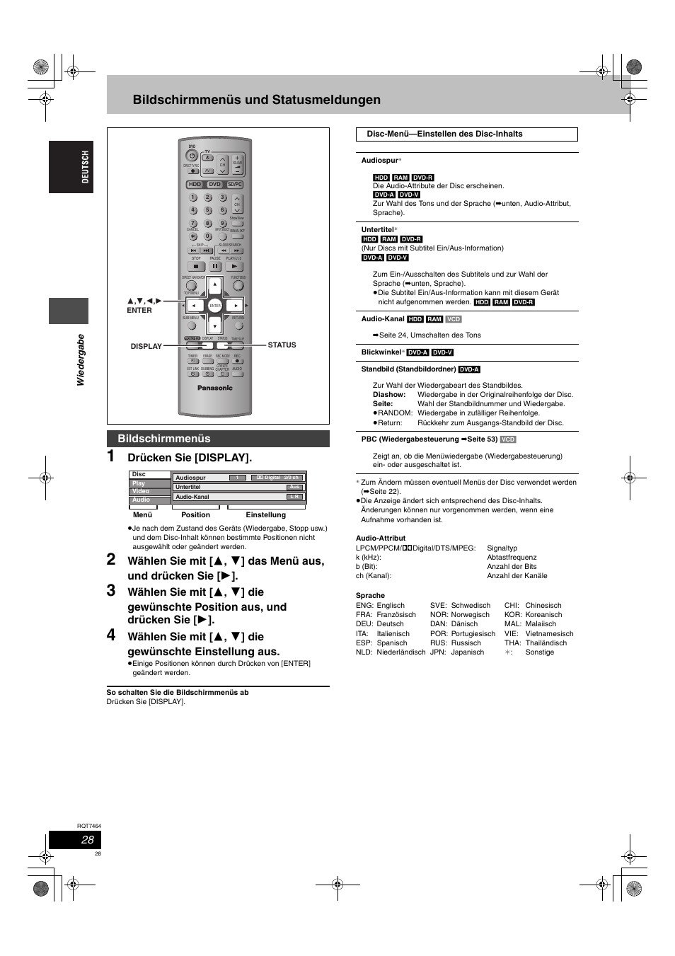 Bildschirmmenüs und statusmeldungen, Drücken sie [display, Bildschirmmenüs | Wie d e rga be | Panasonic DMRE95H User Manual | Page 28 / 124