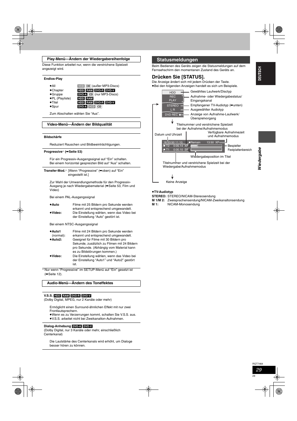 Drücken sie [status, Statusmeldungen | Panasonic DMRE95H User Manual | Page 29 / 124