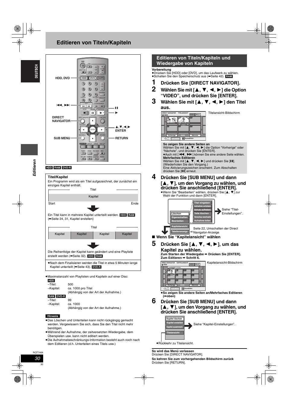 Editieren von titeln/kapiteln, Drücken sie [direct navigator, Wählen sie mit [ 3 , 4 , 2 , 1 ] den titel aus | Edit ie ren, Wenn sie “kapitelansicht” wählen | Panasonic DMRE95H User Manual | Page 30 / 124