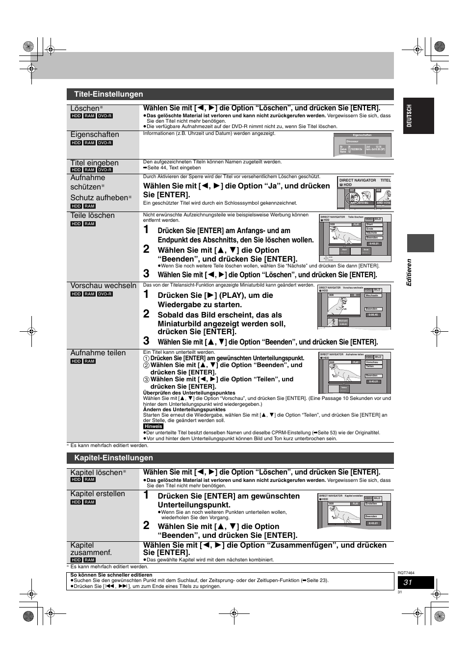 Titel-einstellungen löschen, Eigenschaften, Titel eingeben | Aufnahme schützen, Schutz aufheben, Teile löschen, Kapitel-einstellungen kapitel löschen, Kapitel erstellen | Panasonic DMRE95H User Manual | Page 31 / 124