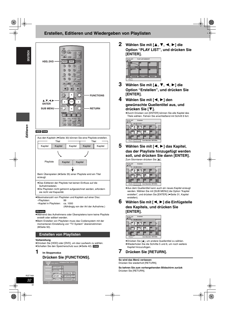 Drücken sie [functions, Drücken sie [return, Erstellen von playlisten | Edit ie ren, Hinweis | Panasonic DMRE95H User Manual | Page 32 / 124