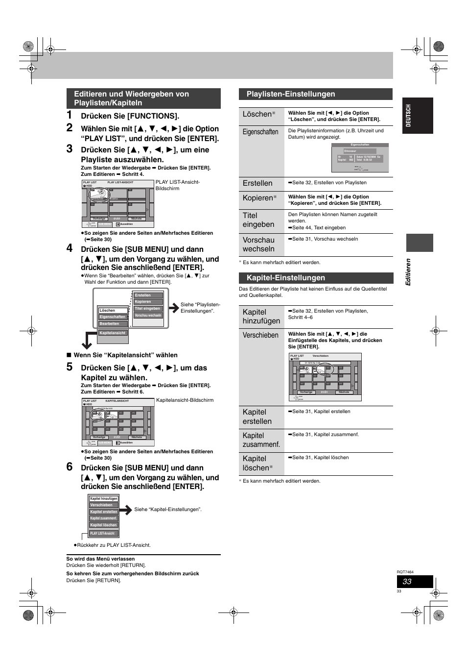 Drücken sie [functions, Editieren und wiedergeben von playlisten/kapiteln, Playlisten-einstellungen löschen | Eigenschaften, Erstellen, Kopieren, Titel eingeben, Vorschau wechseln, Kapitel-einstellungen kapitel hinzufügen, Verschieben | Panasonic DMRE95H User Manual | Page 33 / 124