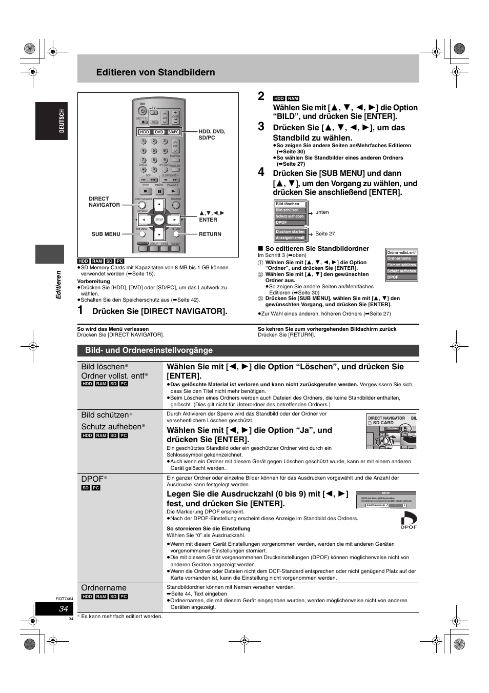 Editieren von standbildern, Drücken sie [direct navigator, Bild- und ordnereinstellvorgänge bild löschen | Ordner vollst. entf, Bild schützen, Schutz aufheben, Dpof, Ordnername, Edit ie ren, So editieren sie standbildordner | Panasonic DMRE95H User Manual | Page 34 / 124