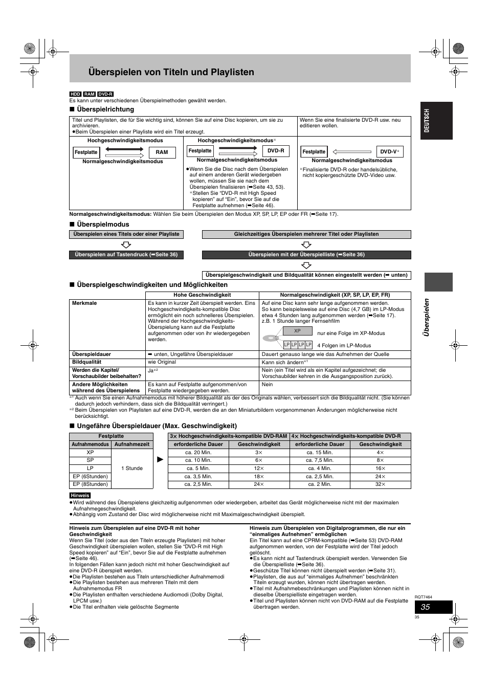 Überspielen von titeln und playlisten | Panasonic DMRE95H User Manual | Page 35 / 124