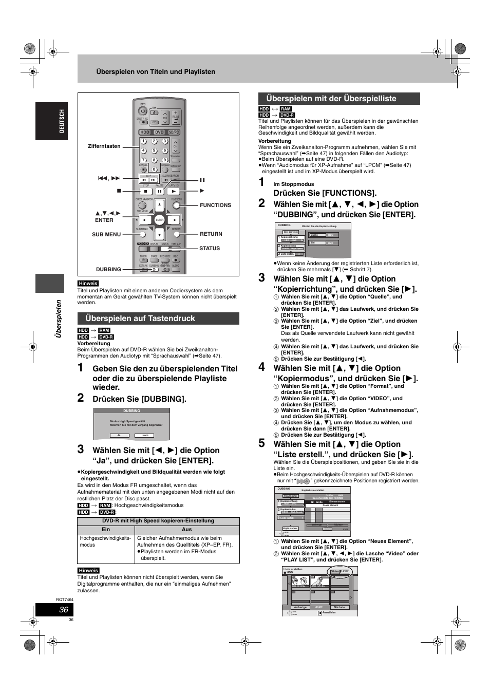 Drücken sie [dubbing, Drücken sie [functions, Überspielen auf tastendruck | Überspielen mit der überspielliste | Panasonic DMRE95H User Manual | Page 36 / 124