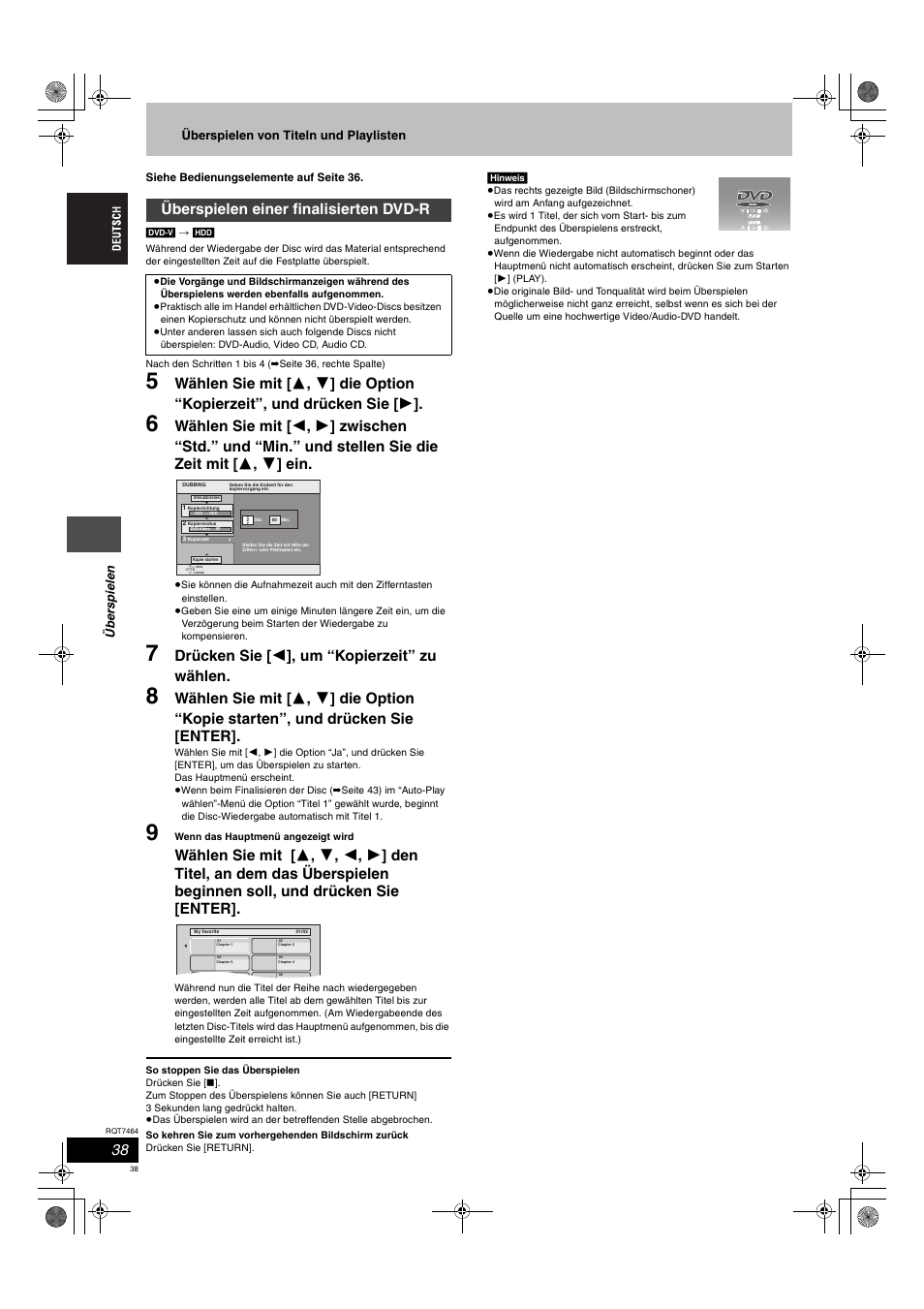 Drücken sie [ 2 ], um “kopierzeit” zu wählen, Überspielen einer finalisierten dvd-r | Panasonic DMRE95H User Manual | Page 38 / 124