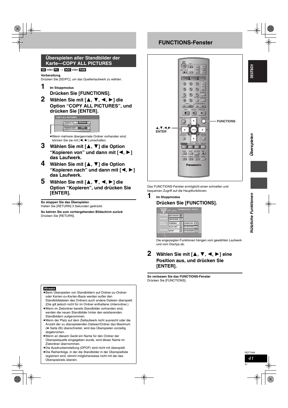 Functions-fenster, Drücken sie [functions | Panasonic DMRE95H User Manual | Page 41 / 124