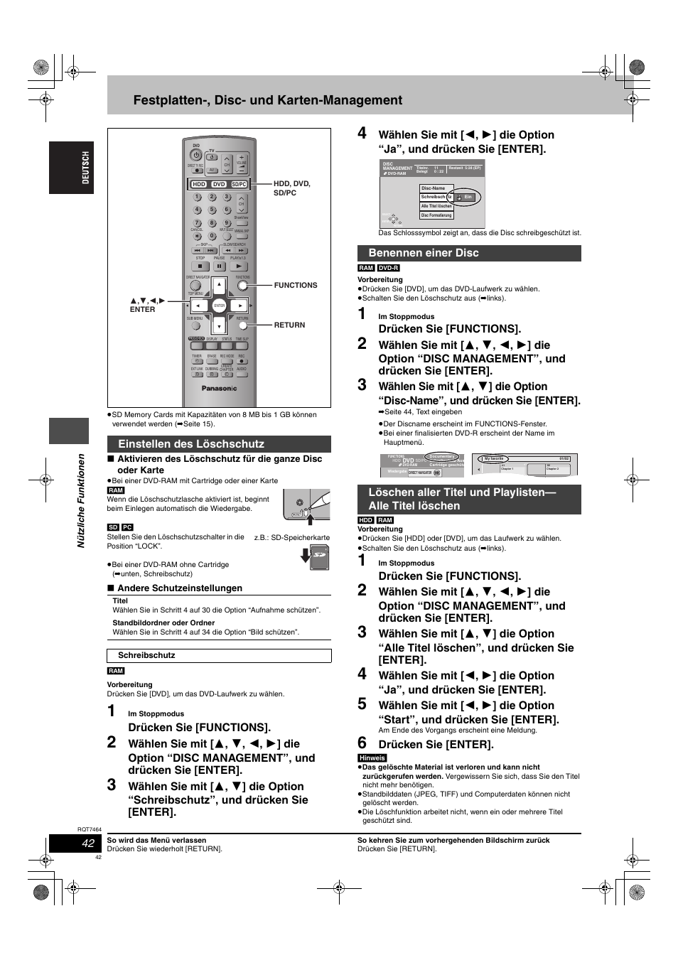 Festplatten-, disc- und karten-management, Drücken sie [functions, Drücken sie [enter | Einstellen des löschschutz, Lock | Panasonic DMRE95H User Manual | Page 42 / 124