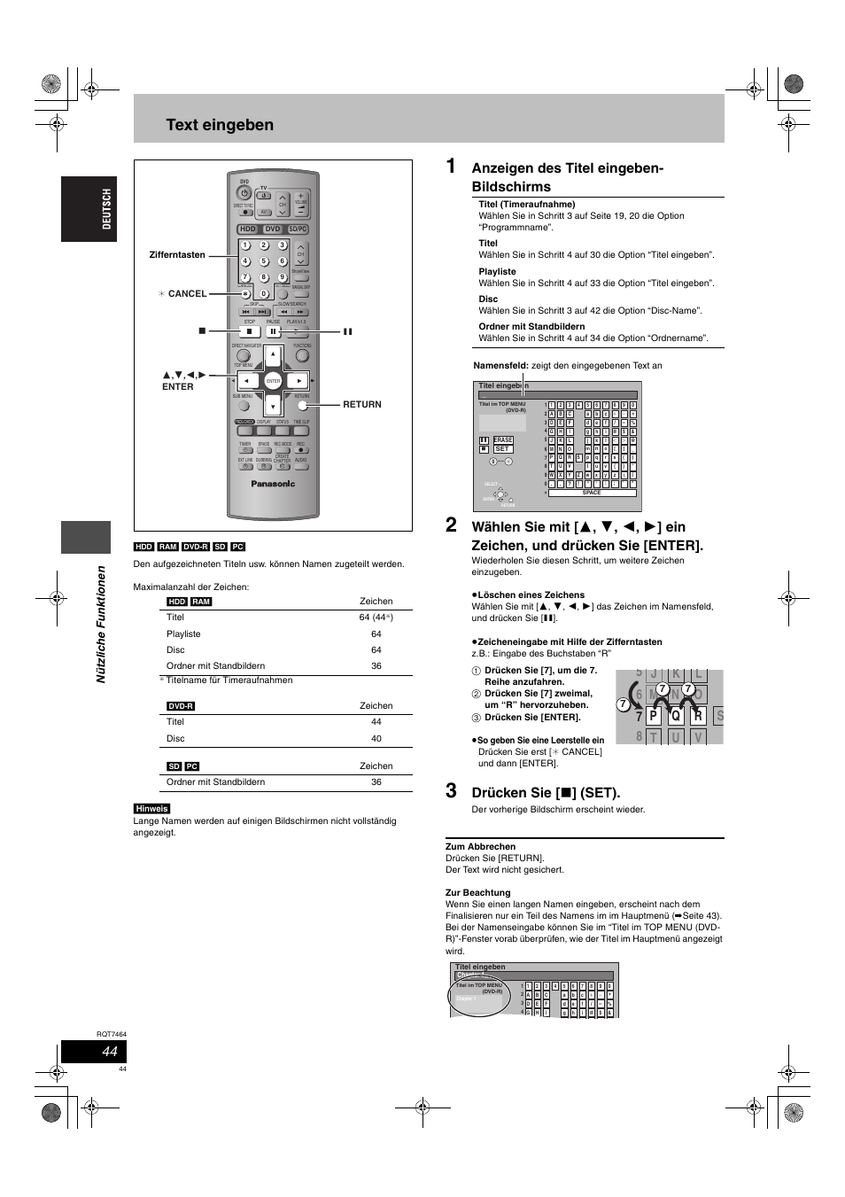 Text eingeben, Anzeigen des titel eingeben- bildschirms, Drücken sie [ ∫ ] (set) | Panasonic DMRE95H User Manual | Page 44 / 124