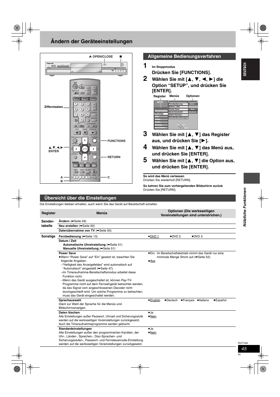 Ändern der geräteeinstellungen, Drücken sie [functions, Allgemeine bedienungsverfahren | Übersicht über die einstellungen, Open/close | Panasonic DMRE95H User Manual | Page 45 / 124