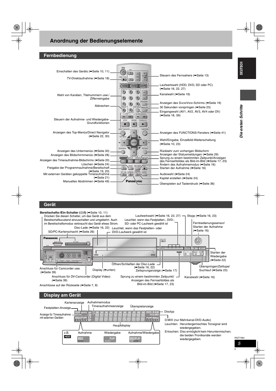 Anordnung der bedienungselemente, Fernbedienung, Gerät display am gerät | Di e er s ten sch rit te | Panasonic DMRE95H User Manual | Page 5 / 124