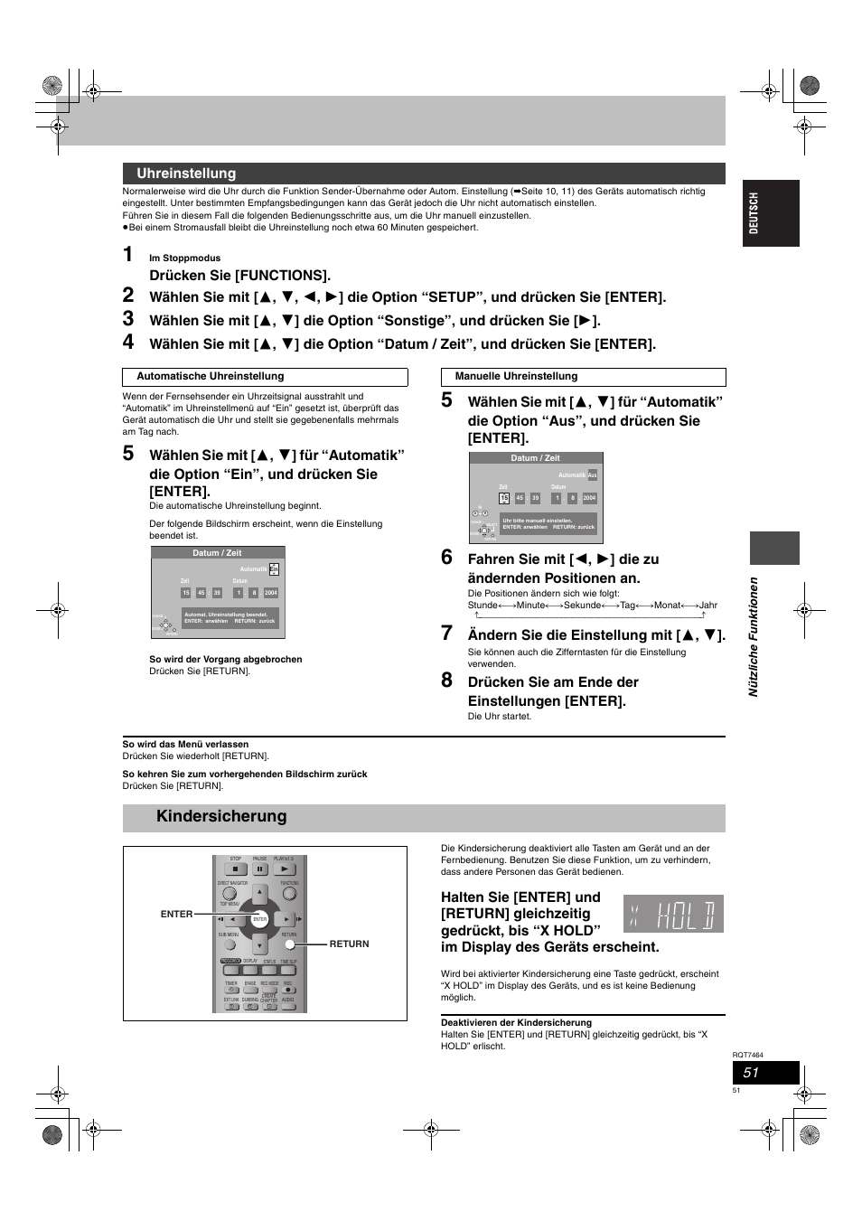 Kindersicherung, Drücken sie [functions, Ändern sie die einstellung mit [ 3 , 4 | Drücken sie am ende der einstellungen [enter, Uhreinstellung | Panasonic DMRE95H User Manual | Page 51 / 124