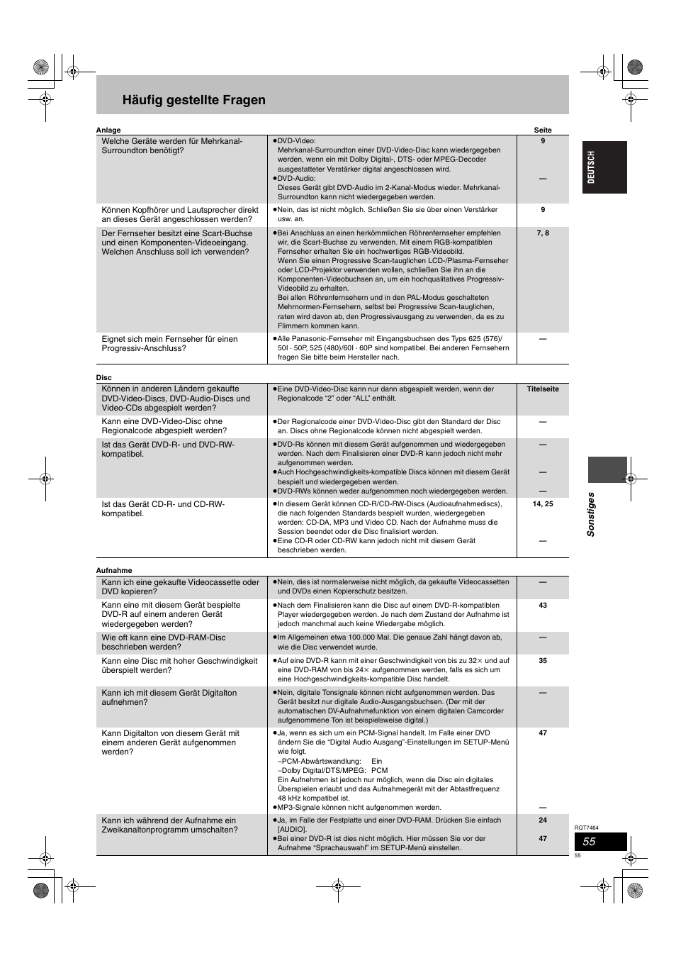 Häufig gestellte fragen | Panasonic DMRE95H User Manual | Page 55 / 124