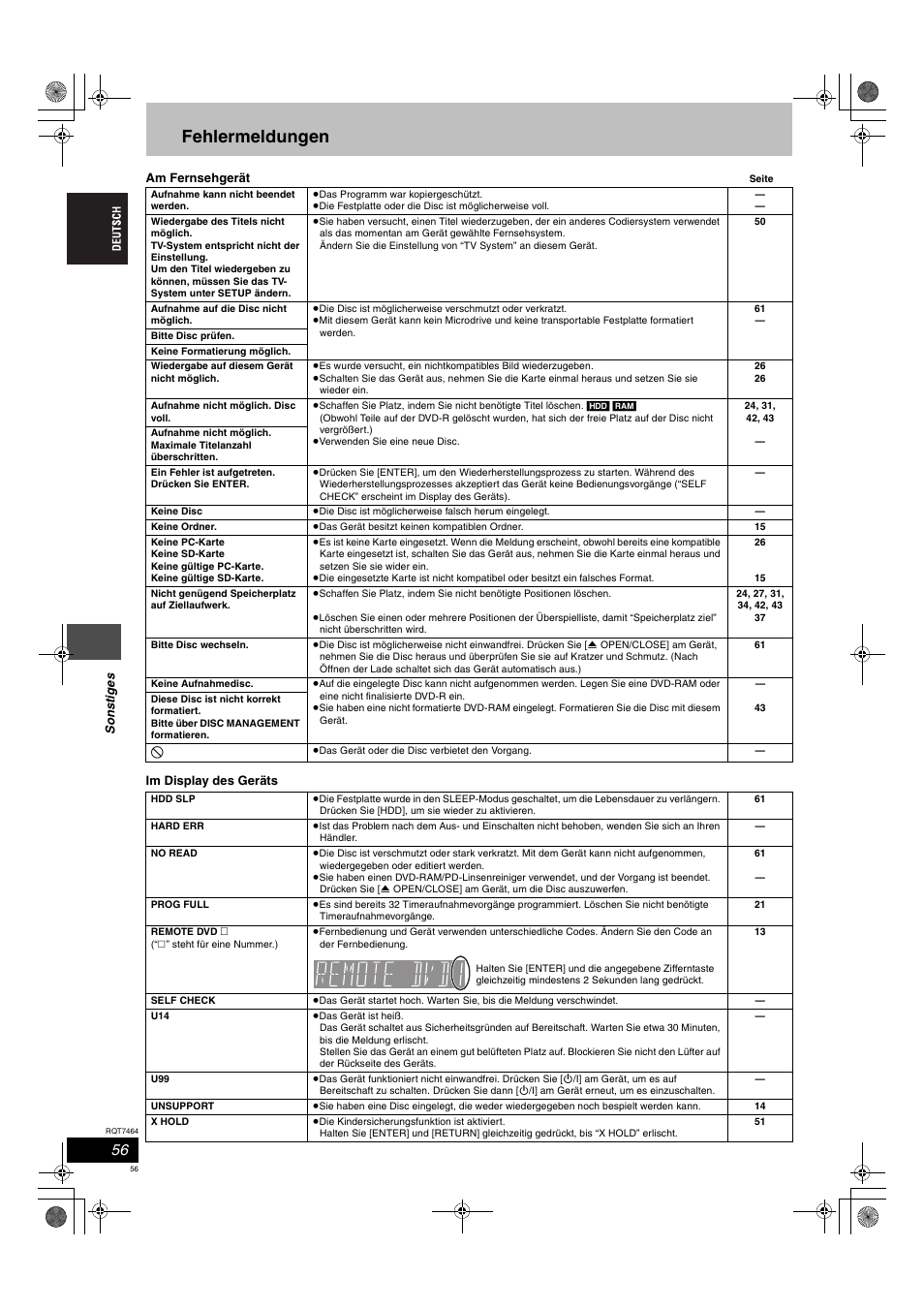 Fehlermeldungen | Panasonic DMRE95H User Manual | Page 56 / 124