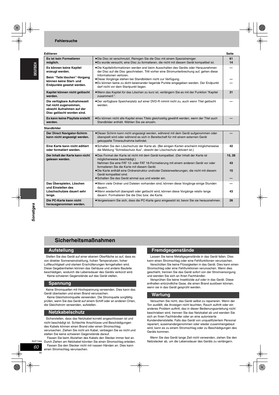 Sicherheitsmaßnahmen | Panasonic DMRE95H User Manual | Page 60 / 124