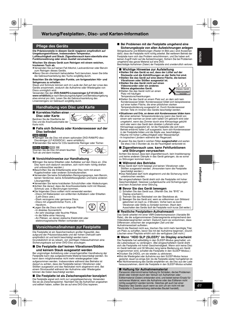 Wartung/festplatten-, disc- und karten-information | Panasonic DMRE95H User Manual | Page 61 / 124