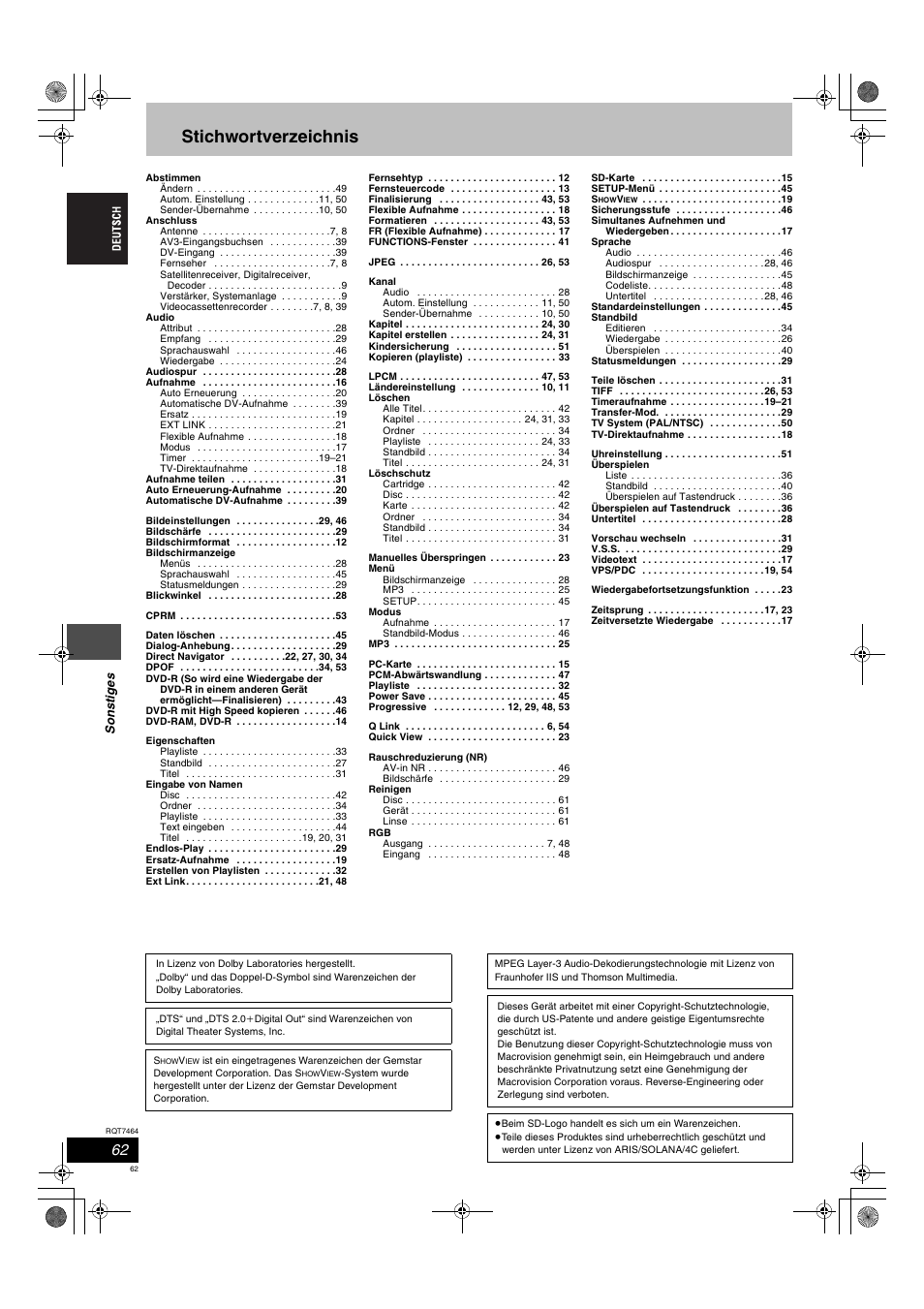 Stichwortverzeichnis | Panasonic DMRE95H User Manual | Page 62 / 124