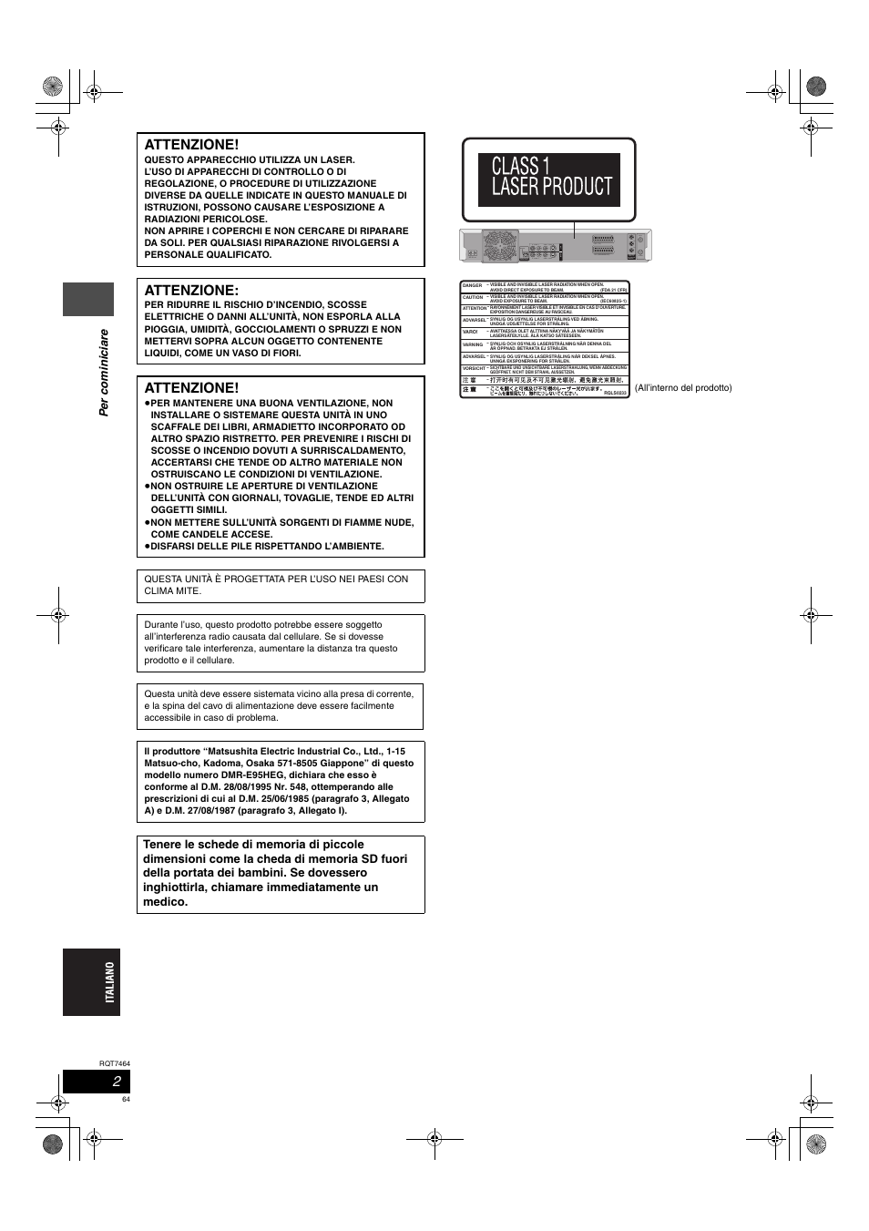 Attenzione | Panasonic DMRE95H User Manual | Page 64 / 124