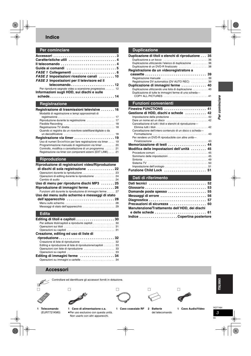 Indice, Accessori | Panasonic DMRE95H User Manual | Page 65 / 124