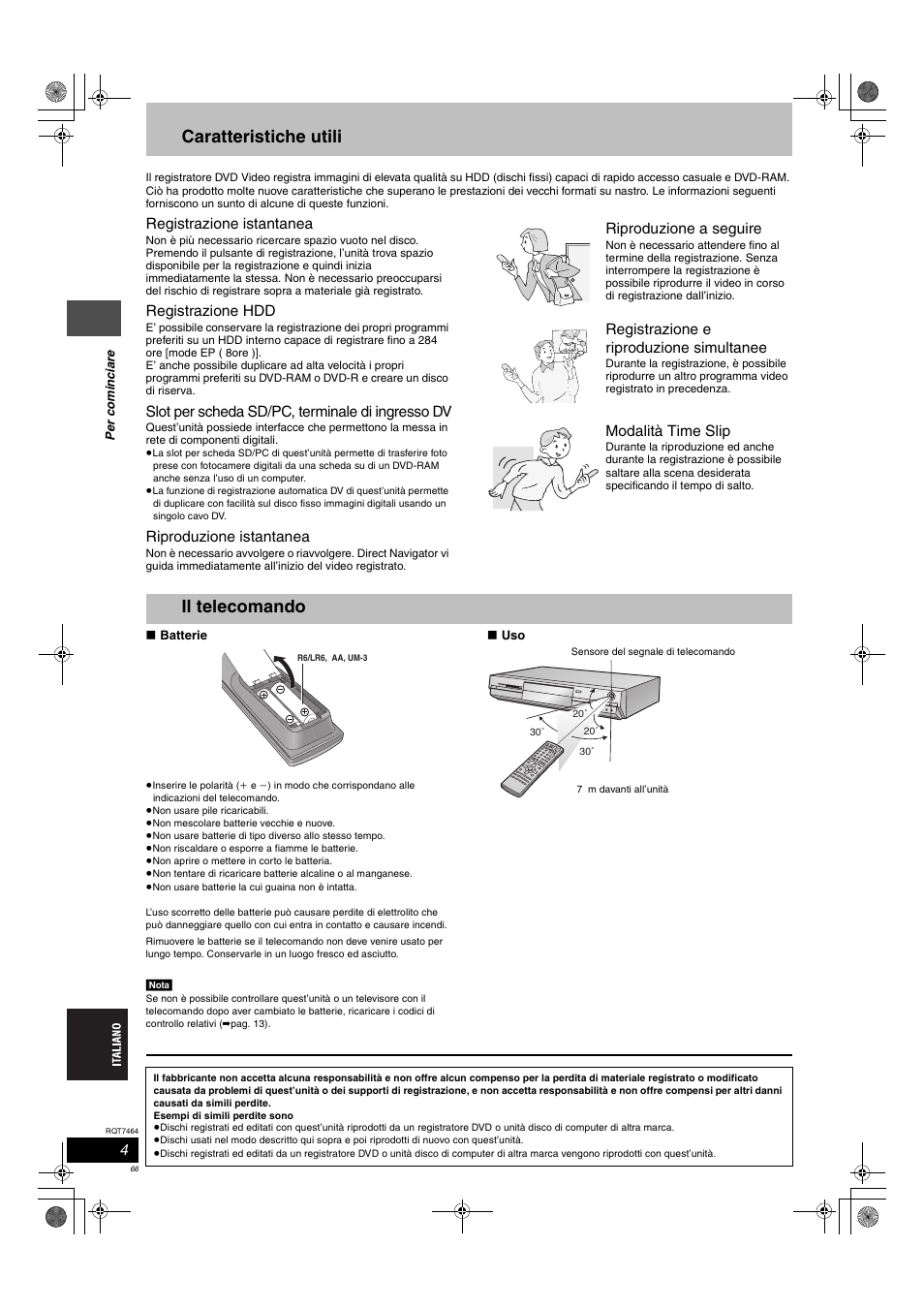 Caratteristiche utili, Il telecomando | Panasonic DMRE95H User Manual | Page 66 / 124