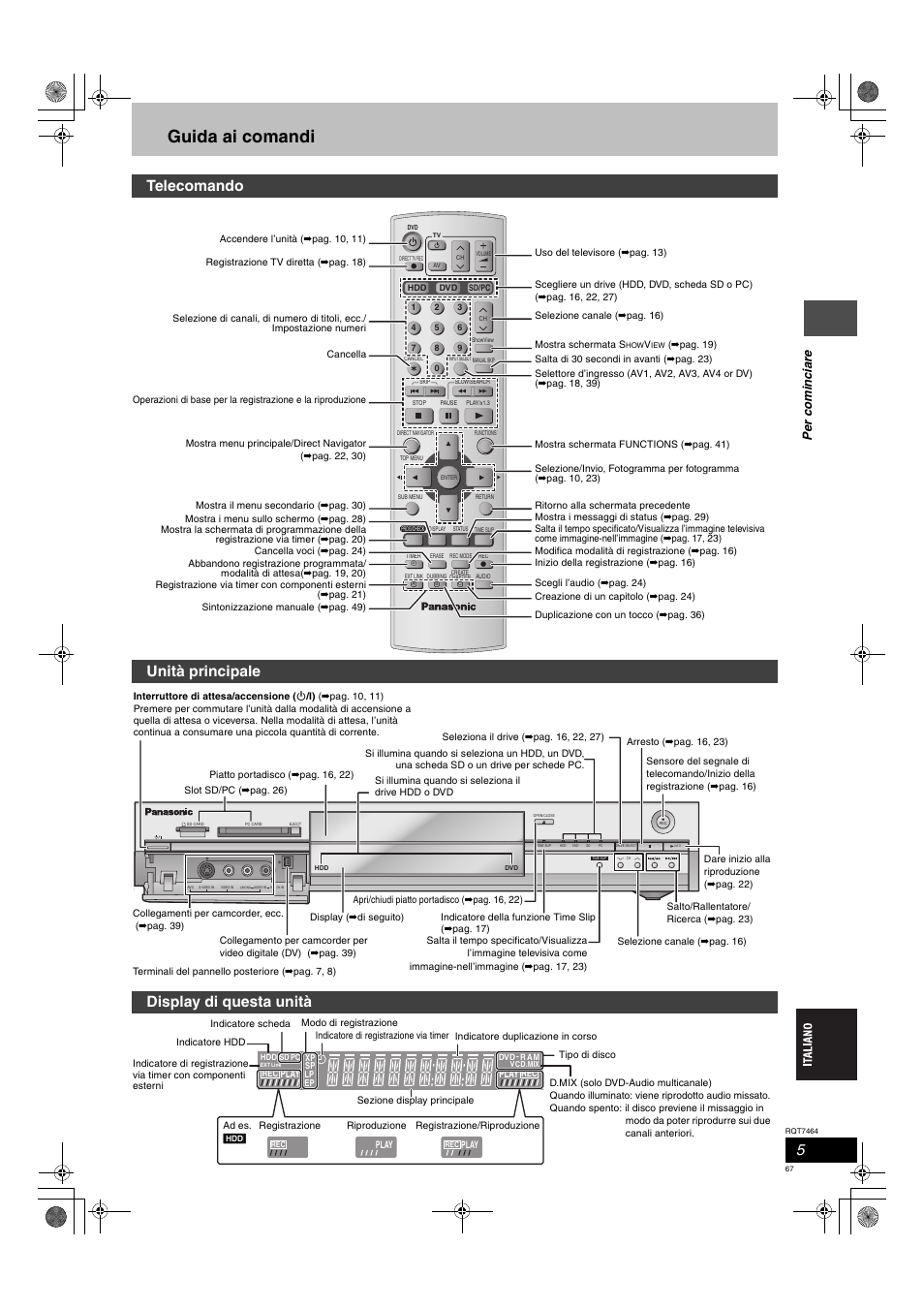 Guida ai comandi, Telecomando unità principale, Display di questa unità | Panasonic DMRE95H User Manual | Page 67 / 124