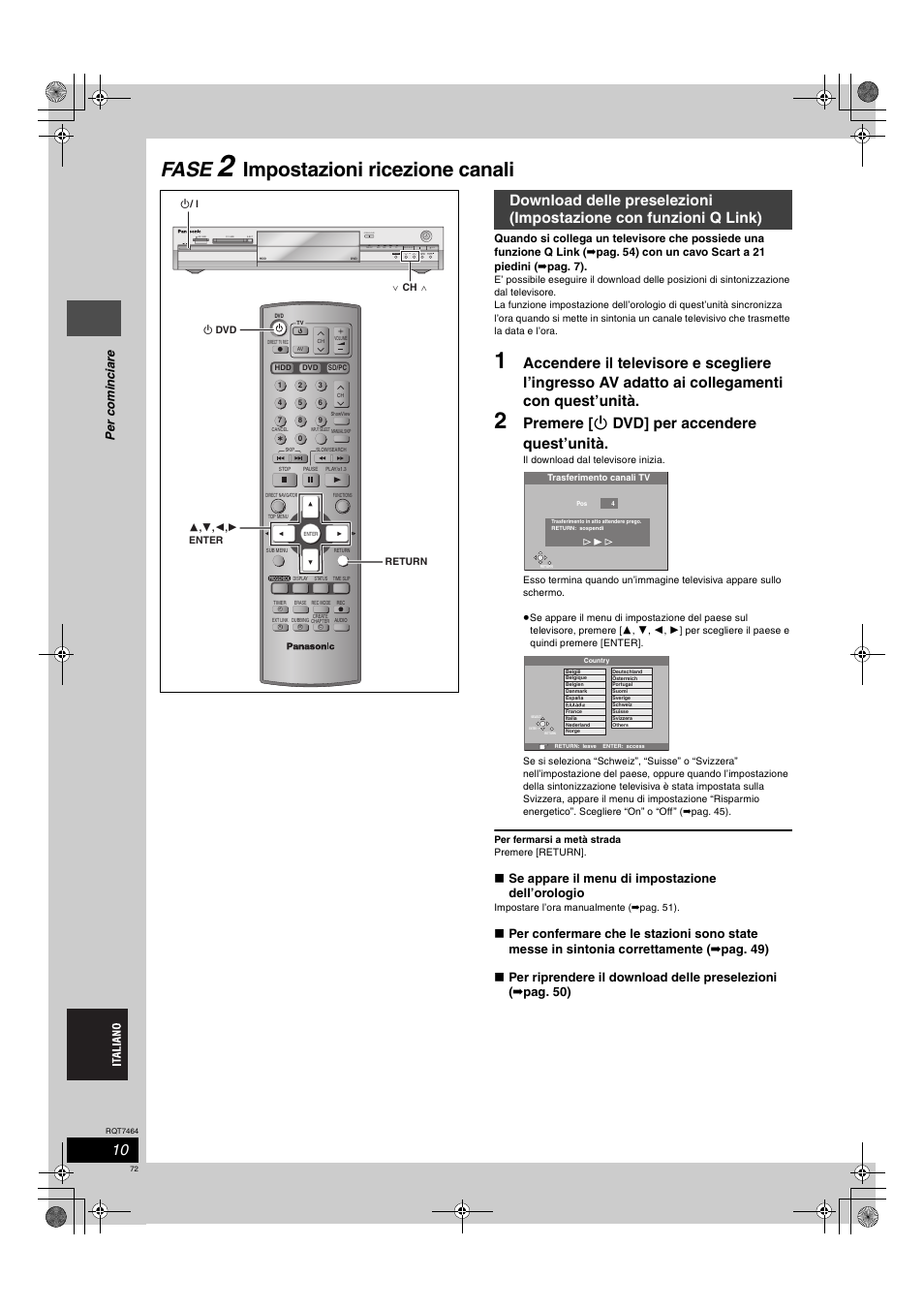 Fase, Impostazioni ricezione canali, Premere [ í dvd] per accendere quest’unità | Open/close, Se appare il menu di impostazione dell’orologio | Panasonic DMRE95H User Manual | Page 72 / 124