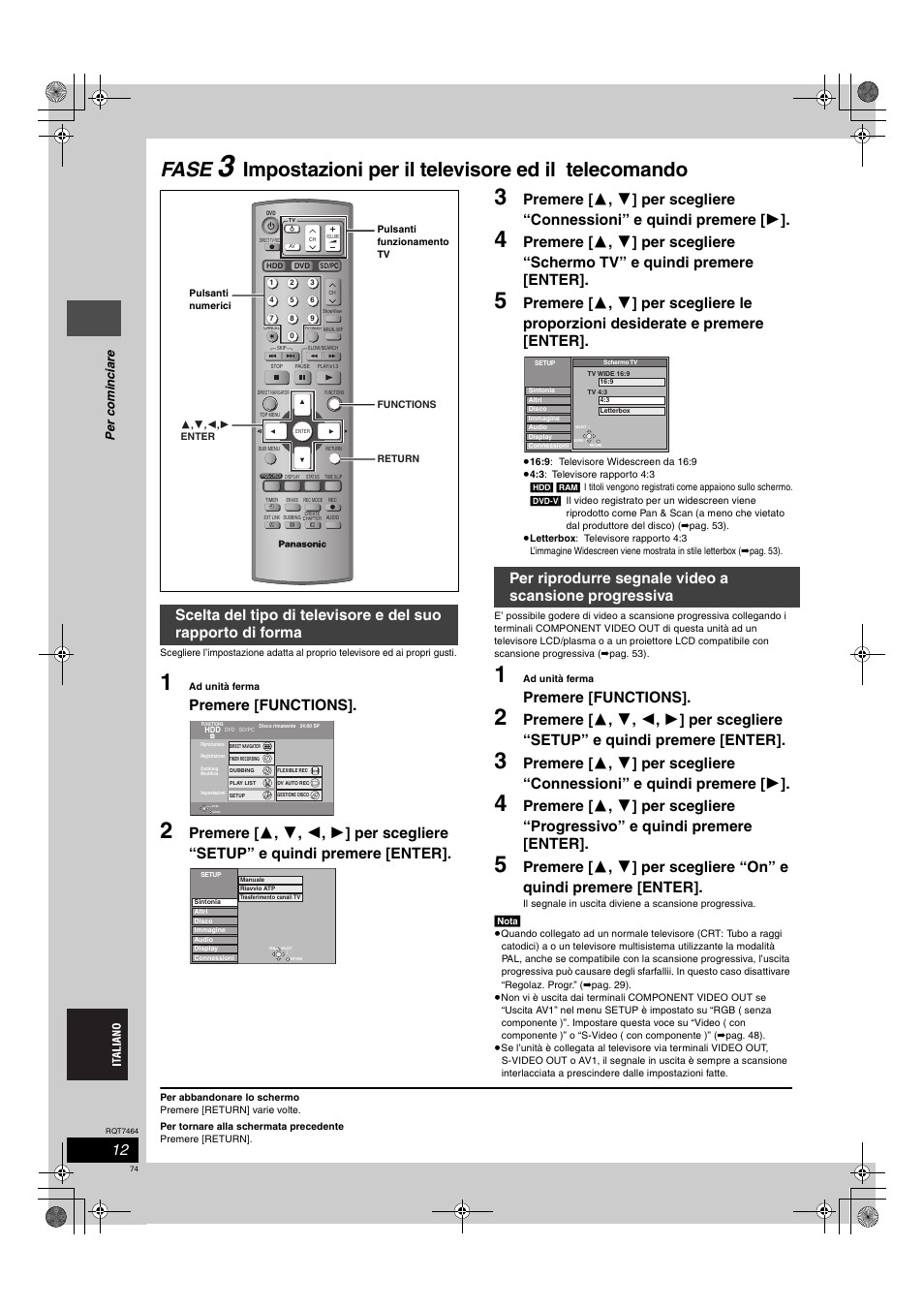 Fase, Impostazioni per il televisore ed il telecomando, Premere [functions | Panasonic DMRE95H User Manual | Page 74 / 124