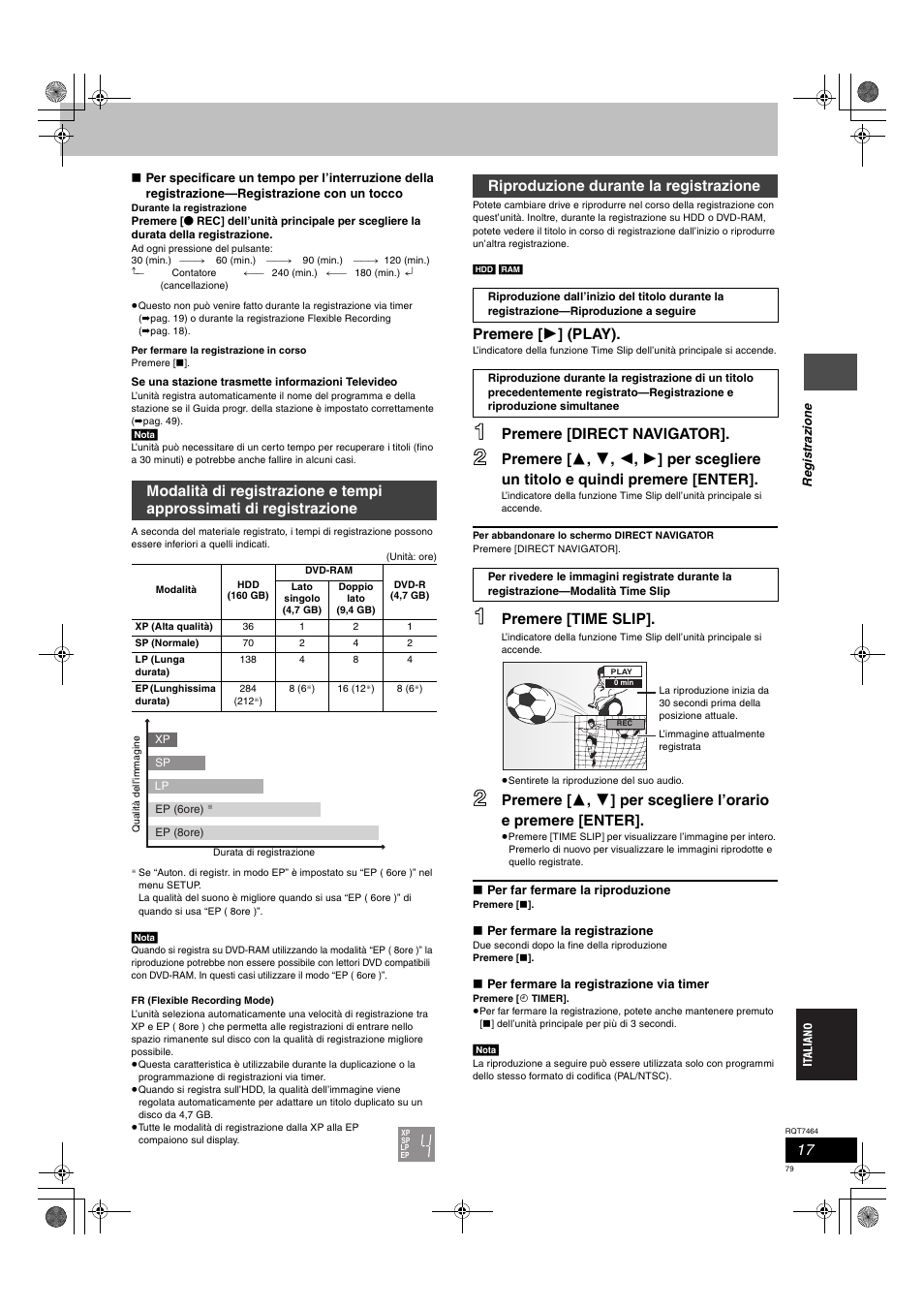 Premere [ 1 ] (play), Premere [direct navigator, Premere [time slip | Riproduzione durante la registrazione | Panasonic DMRE95H User Manual | Page 79 / 124