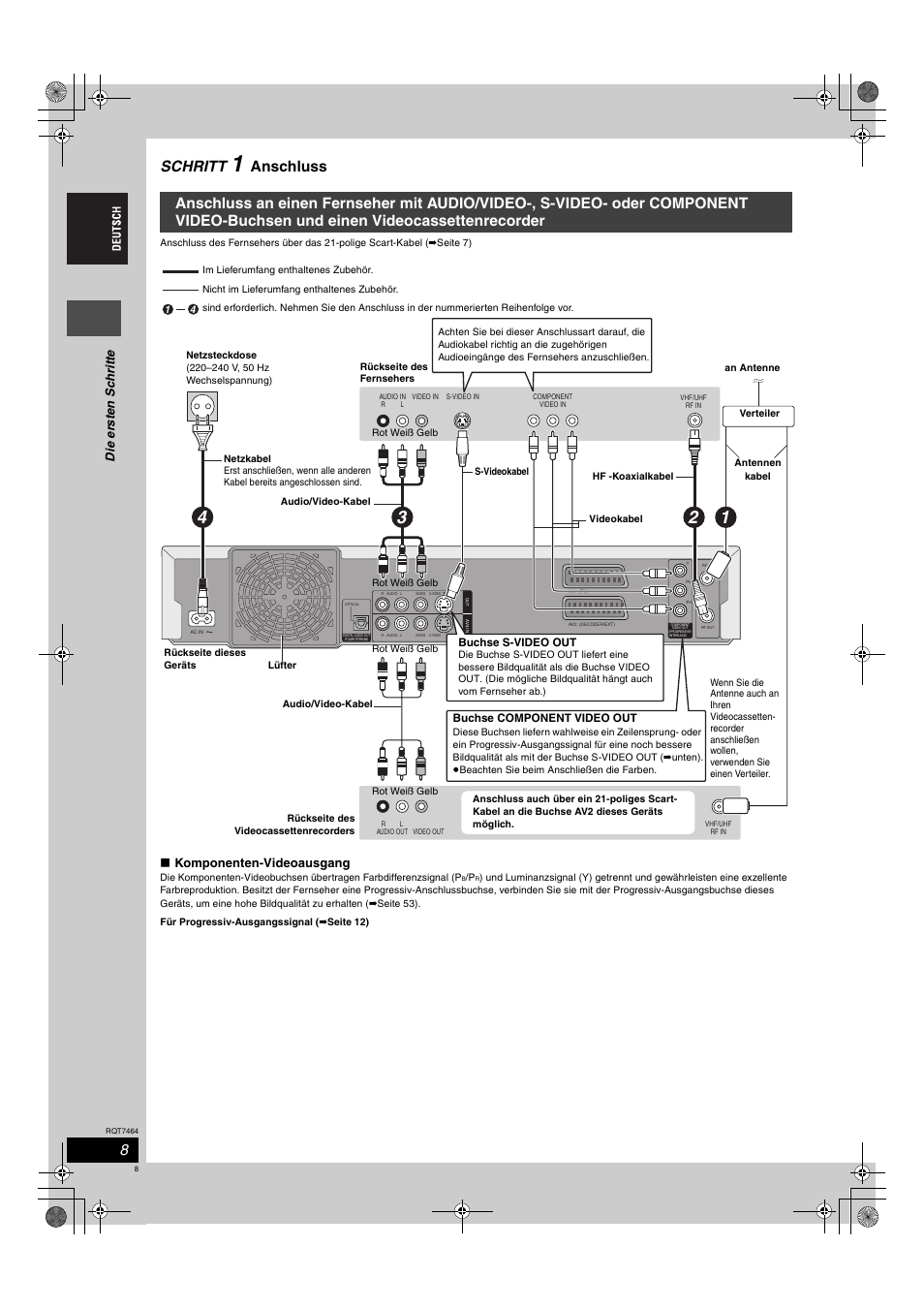 Schritt, Anschluss, Di e er s ten sch rit te | Komponenten-videoausgang | Panasonic DMRE95H User Manual | Page 8 / 124