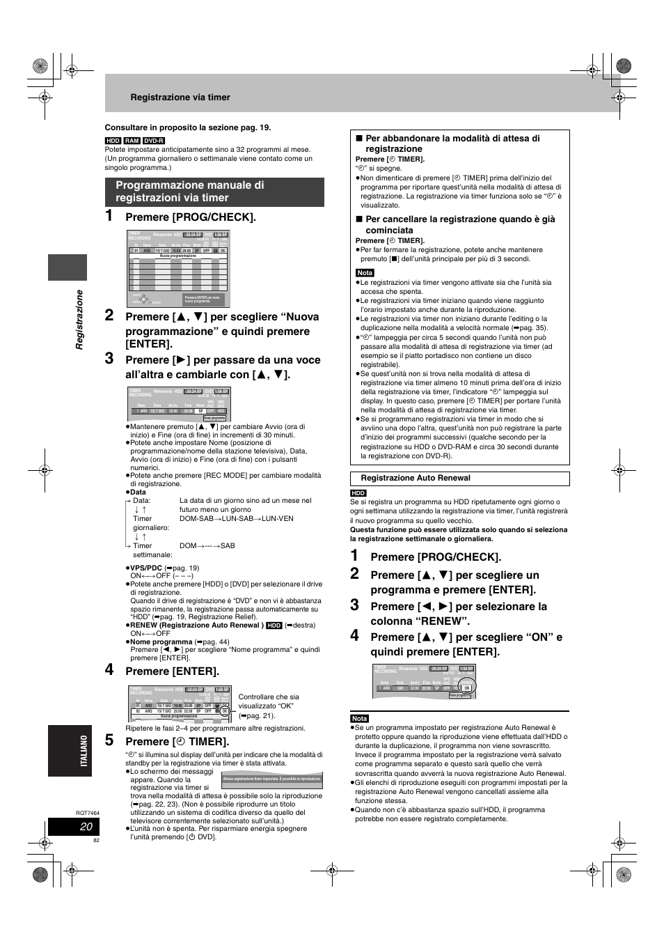 Premere [prog/check, Premere [enter, Premere [ f timer | Programmazione manuale di registrazioni via timer, Re gis tr a zion e registrazione via timer | Panasonic DMRE95H User Manual | Page 82 / 124