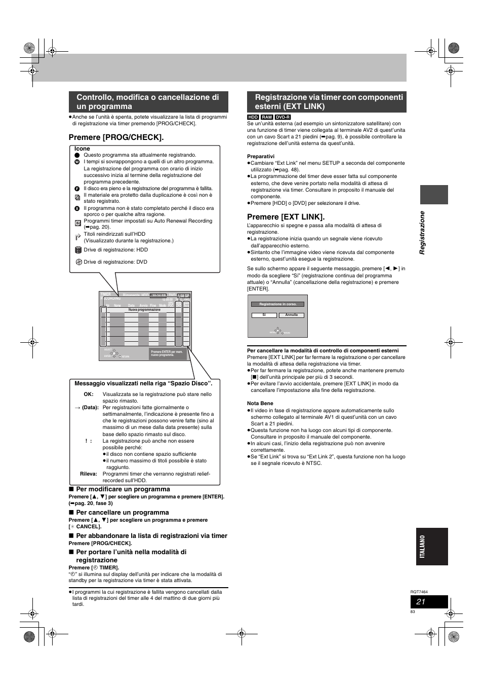 Premere [prog/check, Premere [ext link, Re gis tr a zion e | Per modificare un programma, Per cancellare un programma | Panasonic DMRE95H User Manual | Page 83 / 124