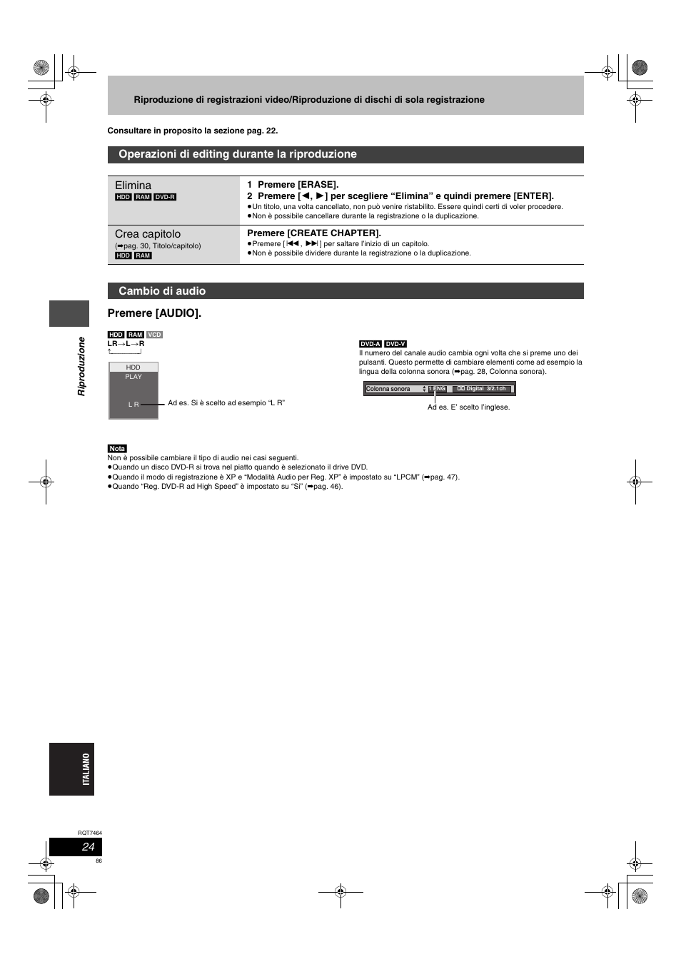 Premere [audio, Crea capitolo, Cambio di audio | Panasonic DMRE95H User Manual | Page 86 / 124