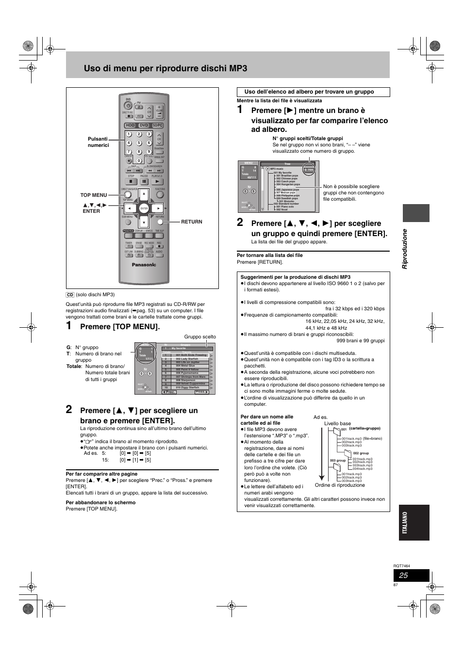 Uso di menu per riprodurre dischi mp3, Premere [top menu, Ripr oduz ione | Panasonic DMRE95H User Manual | Page 87 / 124