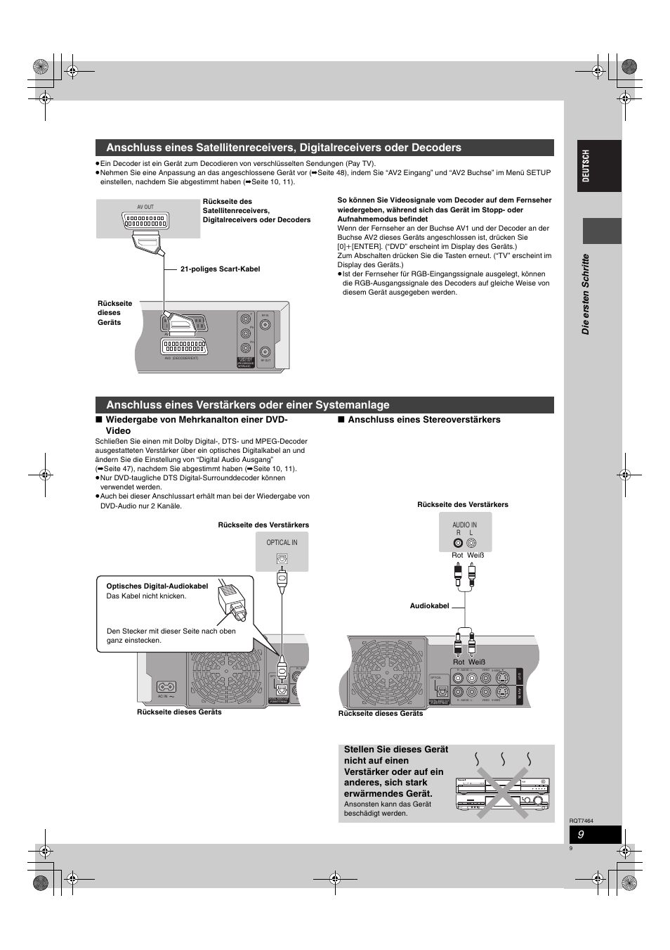 Di e er s ten sch rit te, Wiedergabe von mehrkanalton einer dvd- video, Anschluss eines stereoverstärkers | Panasonic DMRE95H User Manual | Page 9 / 124