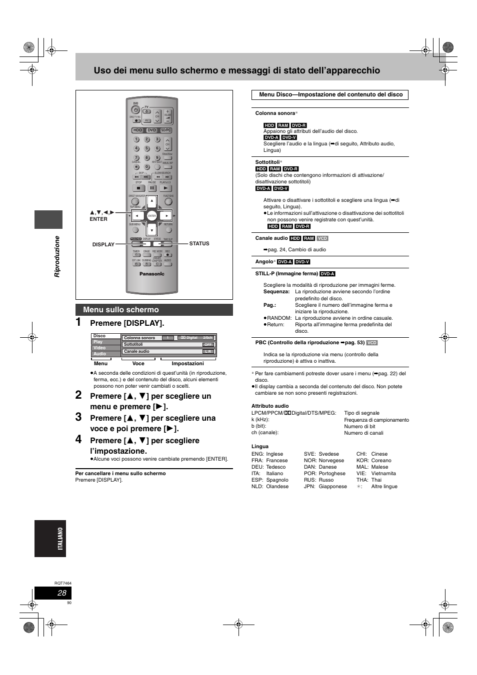 Premere [display, Premere [ 3 , 4 ] per scegliere l’impostazione, Menu sullo schermo | Ripr oduz ione | Panasonic DMRE95H User Manual | Page 90 / 124