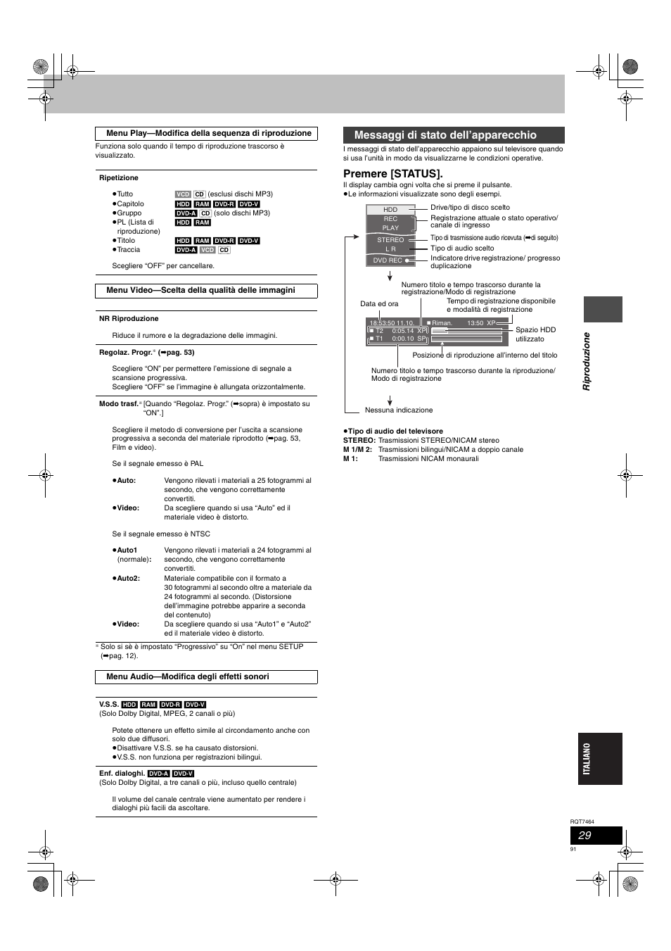Premere [status, Messaggi di stato dell’apparecchio | Panasonic DMRE95H User Manual | Page 91 / 124
