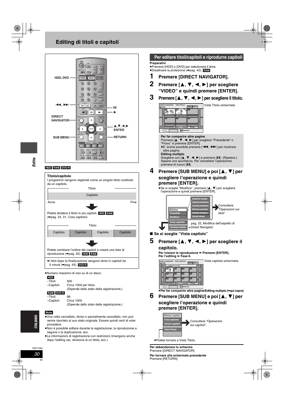 Editing di titoli e capitoli, Premere [direct navigator, Premere [ 3 , 4 , 2 , 1 ] per scegliere il titolo | Per editare titoli/capitoli e riprodurre capitoli, Edi ta, Se si sceglie “vista capitolo | Panasonic DMRE95H User Manual | Page 92 / 124