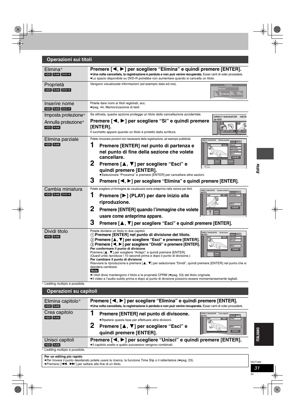 Operazioni sui titoli elimina, Proprietà, Inserire nome | Imposta protezione, Annulla protezione, Elimina parziale, Operazioni su capitoli elimina capitolo, Crea capitolo, Premere [enter] nel punto di divisoone, Edi ta | Panasonic DMRE95H User Manual | Page 93 / 124