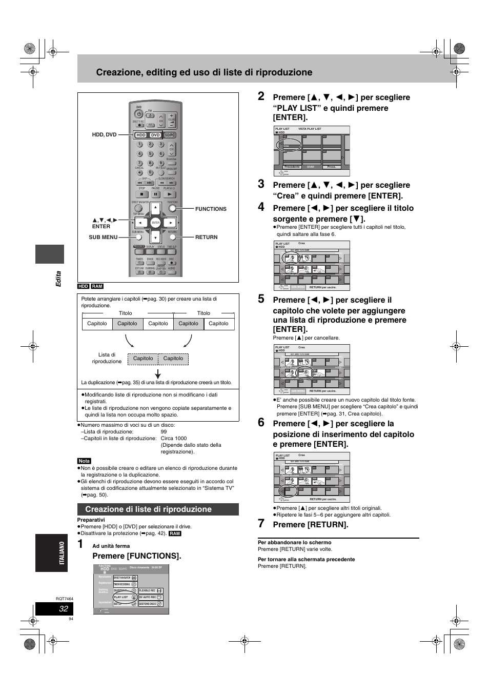 Creazione, editing ed uso di liste di riproduzione, Premere [functions, Premere [return | Creazione di liste di riproduzione, Edi ta, Nota | Panasonic DMRE95H User Manual | Page 94 / 124