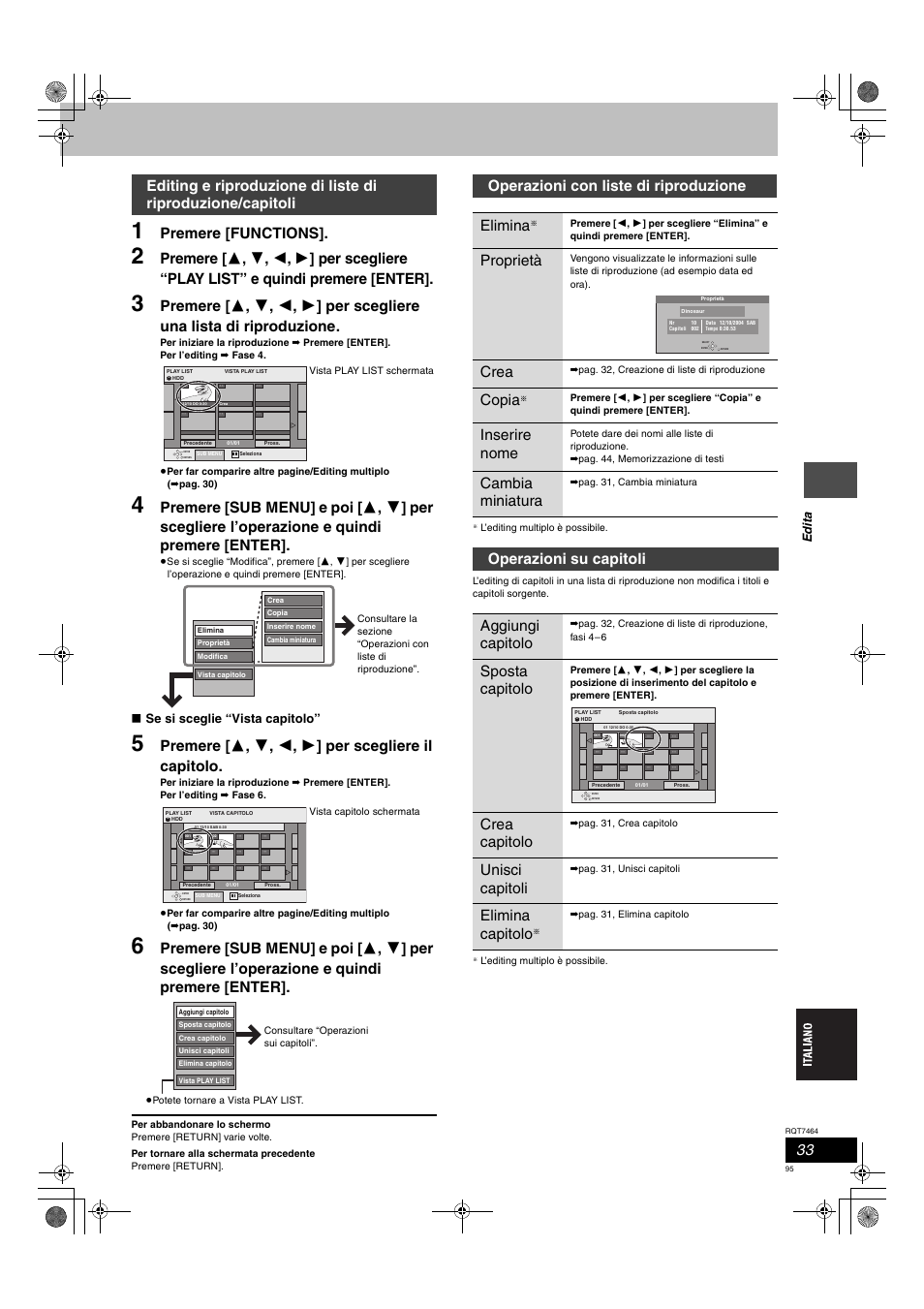 Premere [functions, Operazioni con liste di riproduzione elimina, Proprietà | Crea, Copia, Inserire nome, Cambia miniatura, Operazioni su capitoli aggiungi capitolo, Sposta capitolo, Crea capitolo | Panasonic DMRE95H User Manual | Page 95 / 124