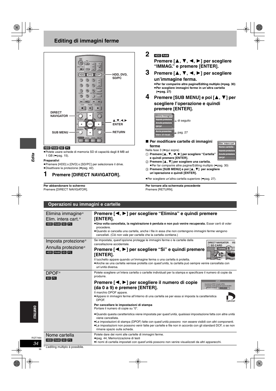 Editing di immagini ferme, Premere [direct navigator, Operazioni su immagini e cartelle elimina immagine | Elim. intera cart, Imposta protezione, Annulla protezione, Dpof, Nome cartella, Edi ta, Per modificare cartelle di immagini ferme | Panasonic DMRE95H User Manual | Page 96 / 124