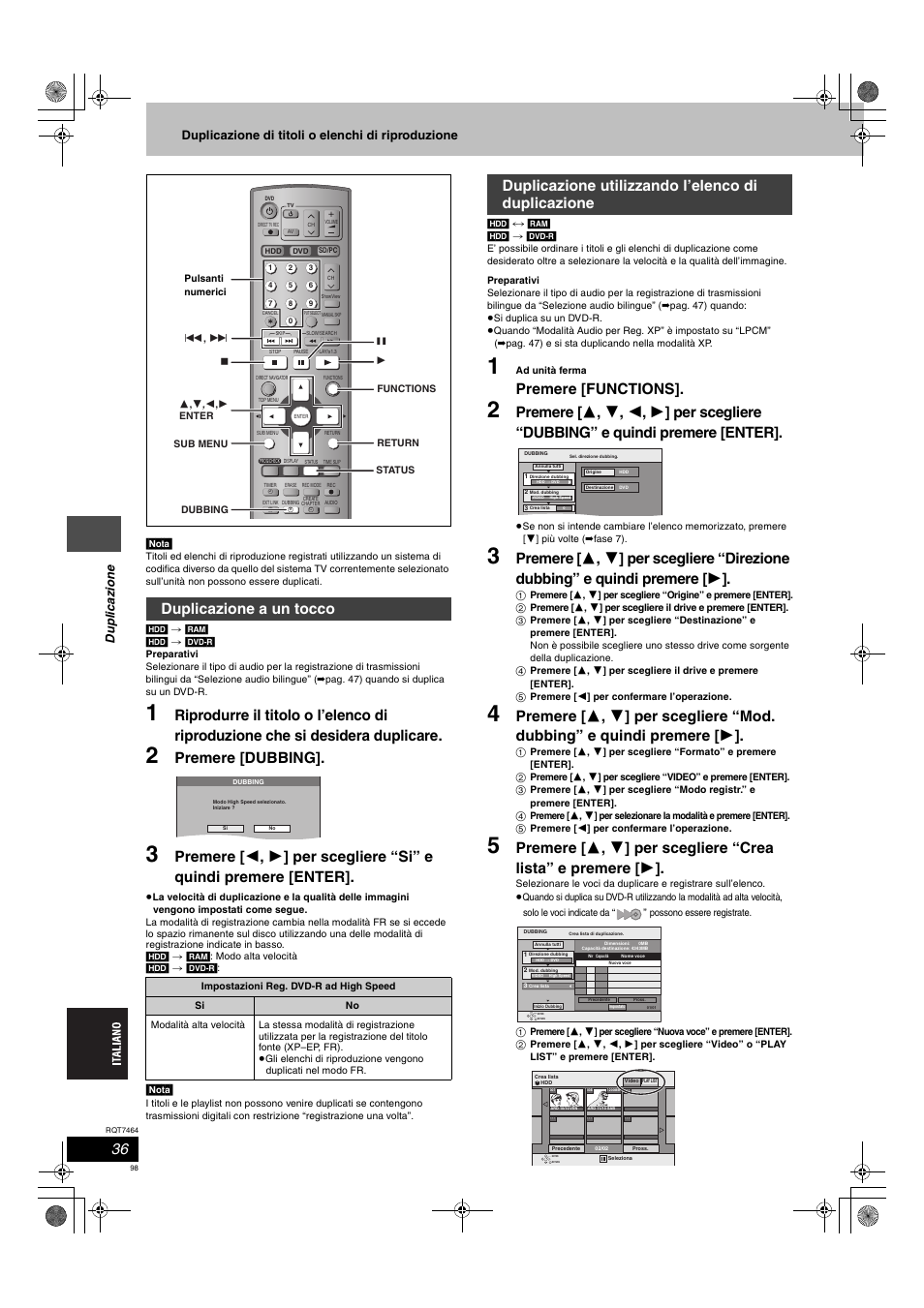 Premere [dubbing, Premere [functions, Duplicazione a un tocco | Duplicazione utilizzando l’elenco di duplicazione | Panasonic DMRE95H User Manual | Page 98 / 124