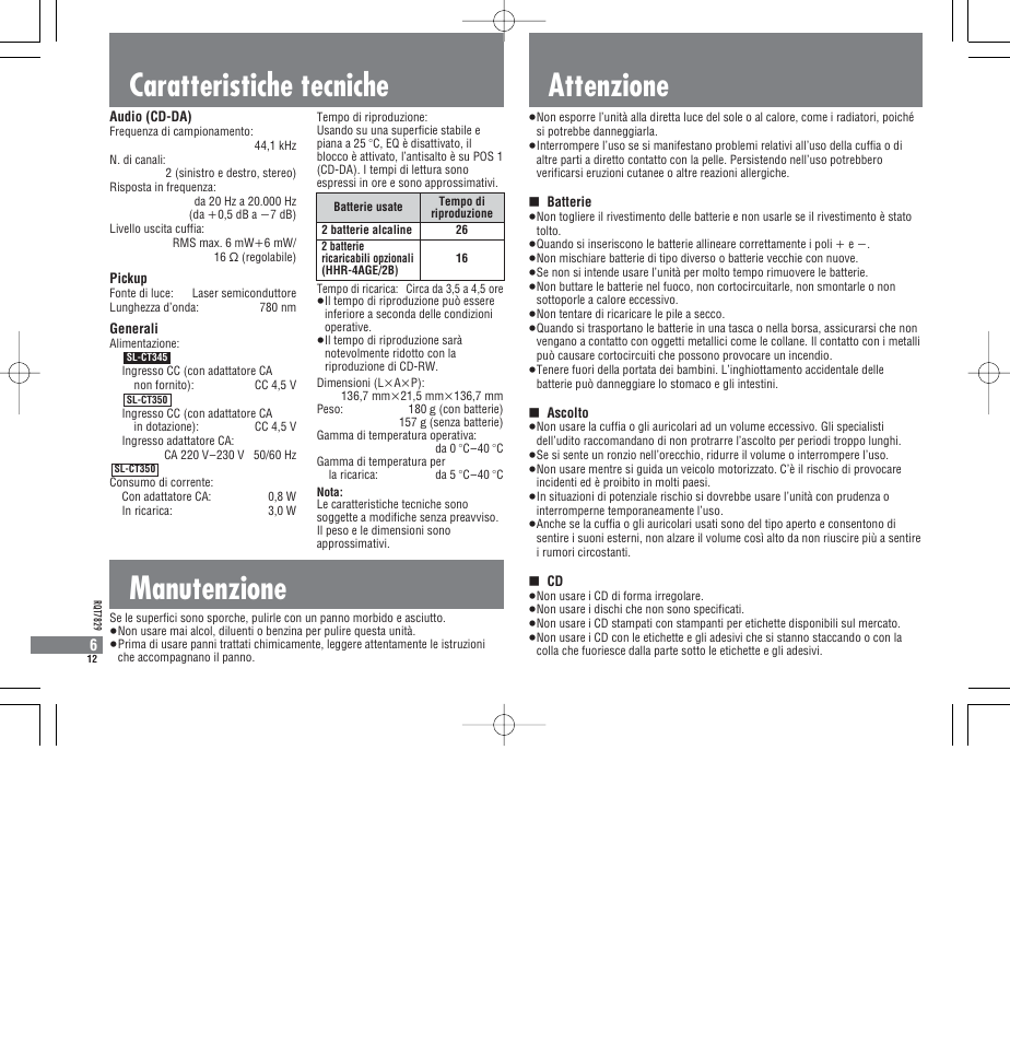 Caratteristiche tecniche, Manutenzione, Attenzione | Panasonic SLCT345 User Manual | Page 12 / 64