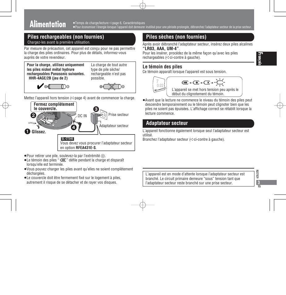 Alimentation, Piles rechargeables (non fournies), Piles sèches (non fournies) adaptateur secteur | Le témoin des piles | Panasonic SLCT345 User Manual | Page 15 / 64