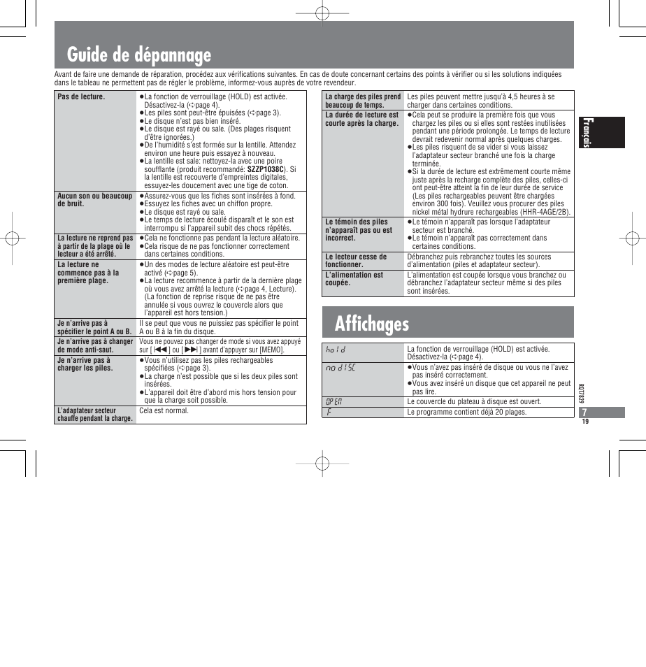 Guide de dépannage affichages, Rançais | Panasonic SLCT345 User Manual | Page 19 / 64