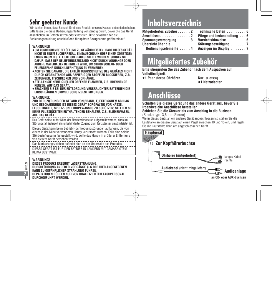Anschlüsse, Inhaltsverzeichnis mitgeliefertes zubehör, Sehr geehrter kunde | Zur kopfhörerbuchse | Panasonic SLCT345 User Manual | Page 2 / 64