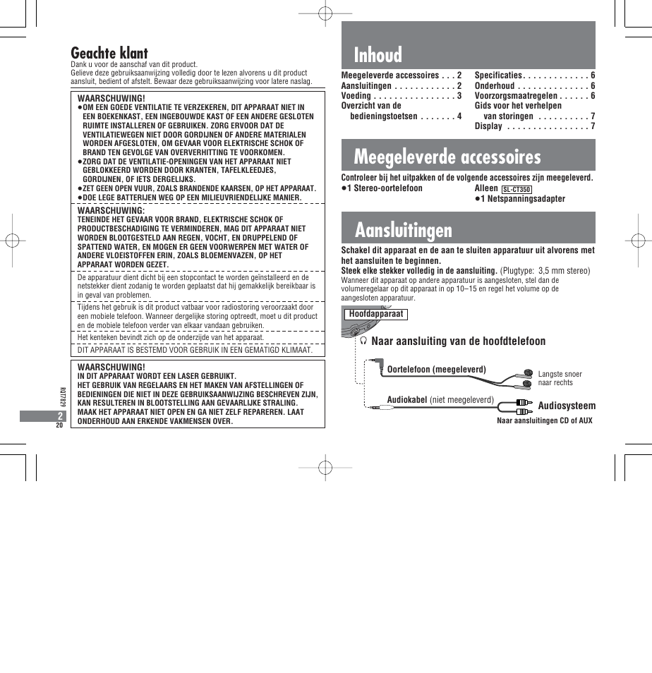 Aansluitingen, Inhoud meegeleverde accessoires, Geachte klant | Naar aansluiting van de hoofdtelefoon | Panasonic SLCT345 User Manual | Page 20 / 64