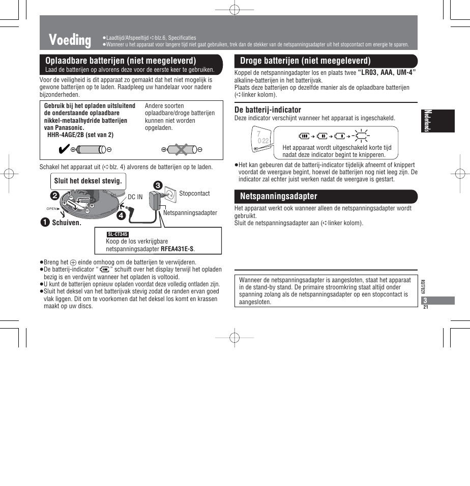 Voeding, Oplaadbare batterijen (niet meegeleverd), De batterij-indicator | Panasonic SLCT345 User Manual | Page 21 / 64